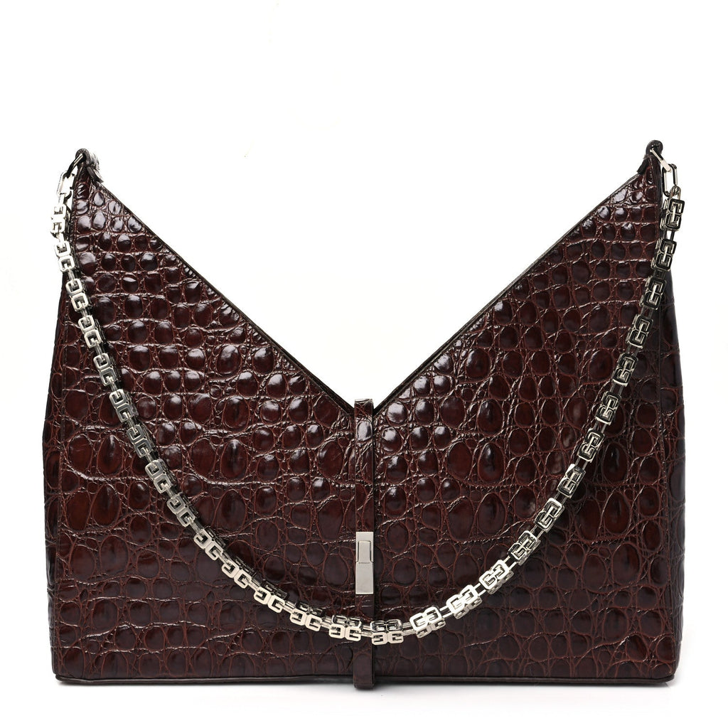 Calfskin Crocodile Embossed Large Cut Out Shoulder Bag Brown