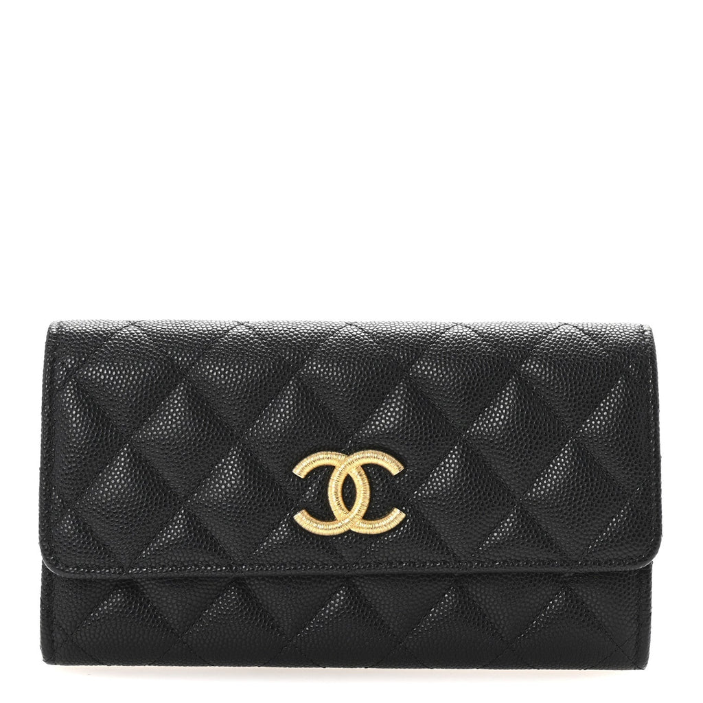 Caviar Quilted Textured CC Flap Wallet Black