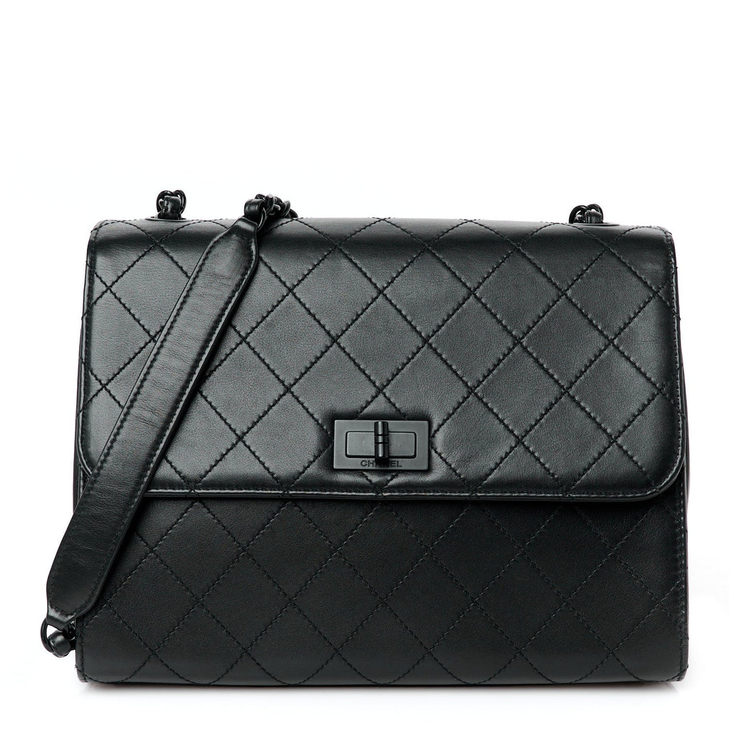 Calfskin Diamond Stitched Flap Shoulder Bag Black
