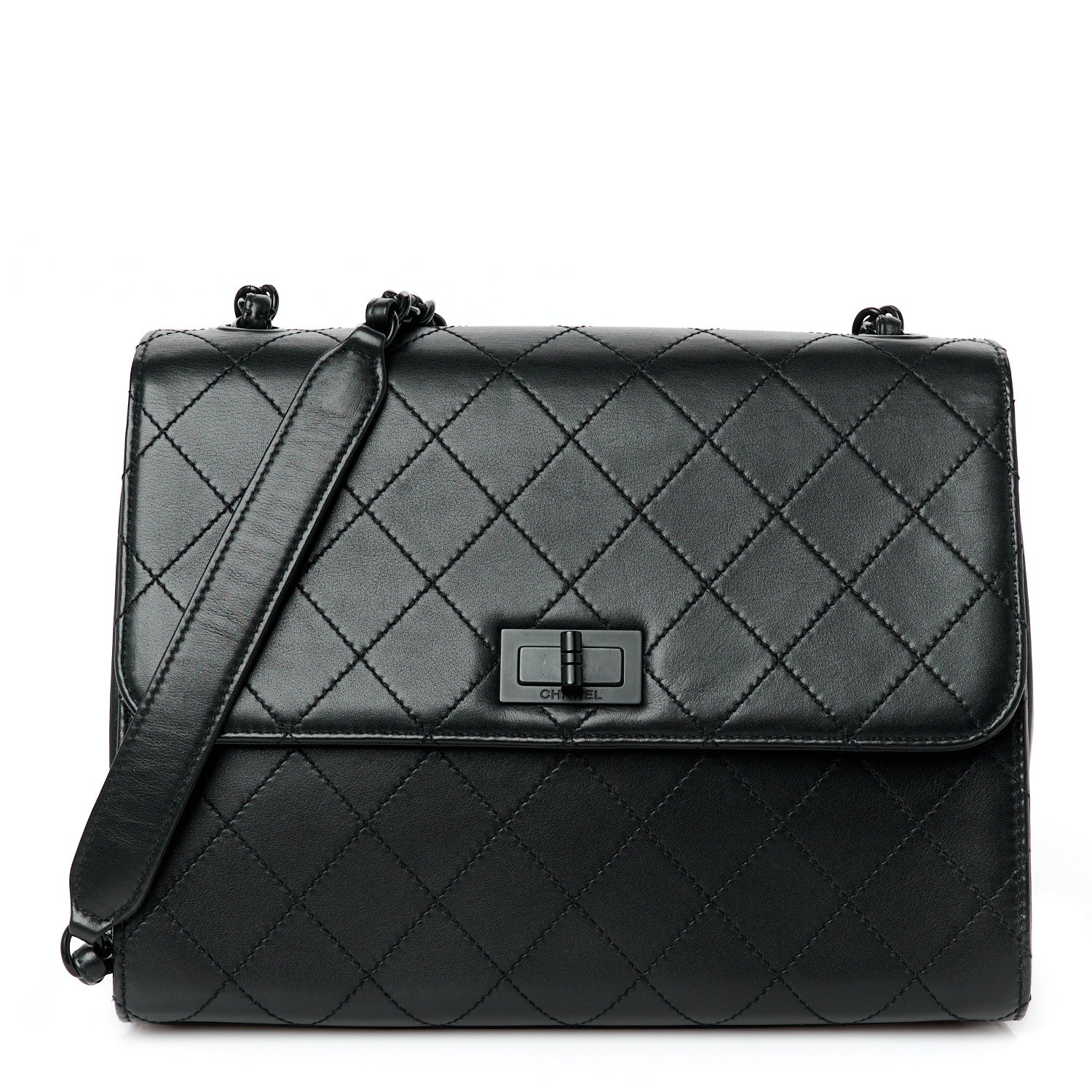 Calfskin Diamond Stitched Flap Shoulder Bag Black