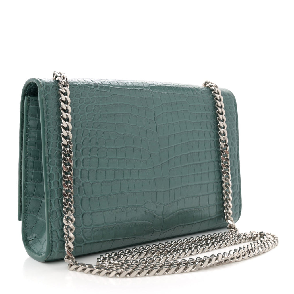 Calfskin Crocodile Embossed Small Classic Monogram Kate Tassel Satchel Water Green