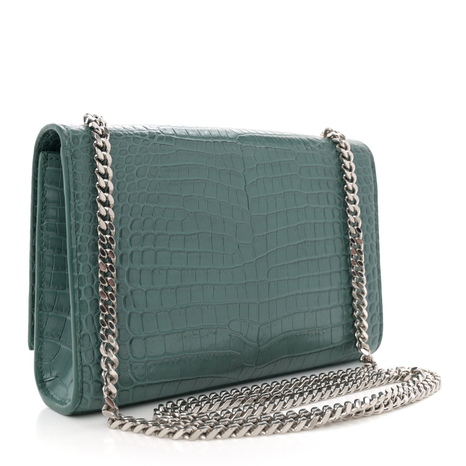 Calfskin Crocodile Embossed Small Classic Monogram Kate Tassel Satchel Water Green