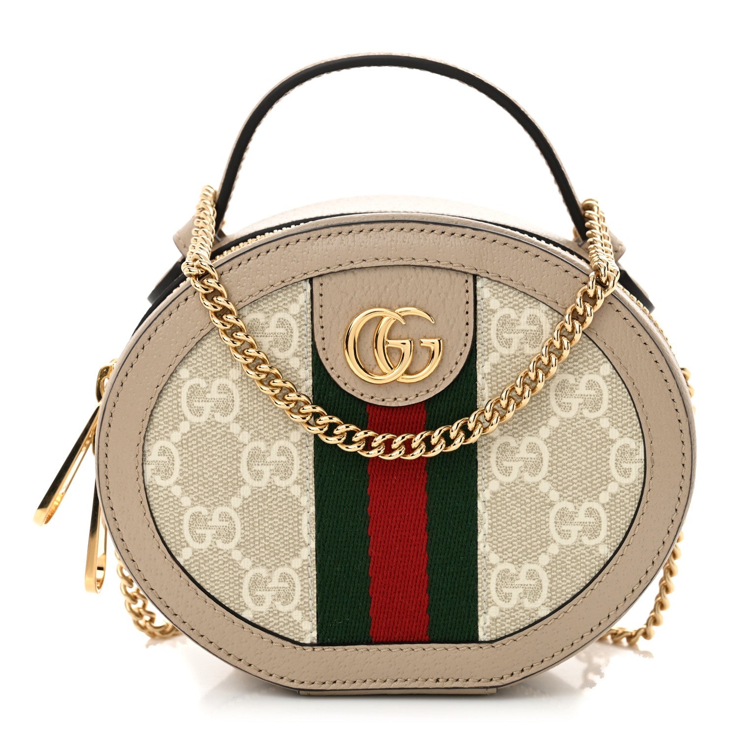 GG Supreme Monogram Top Handle Web Mini Ophidia Round Shoulder Bag Beige Mystic White