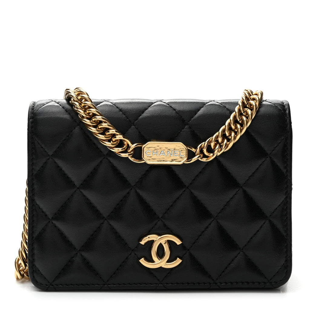 Lambskin Quilted Enamel Logo Chain WOC Black