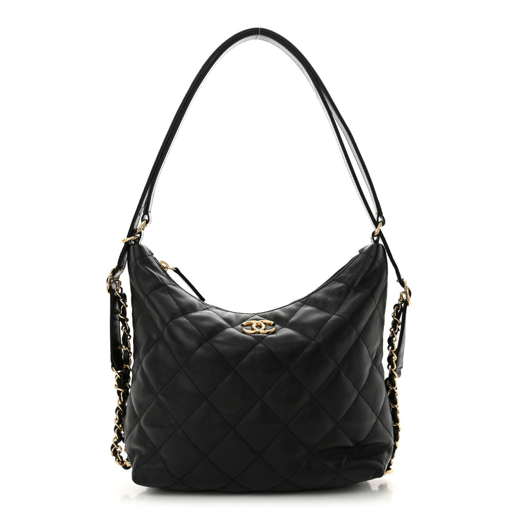 Lambskin Quilted Maxi Hobo Black