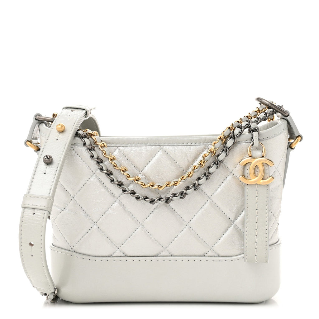 Metallic Aged Calfskin Quilted Small Gabrielle Hobo Light Silver