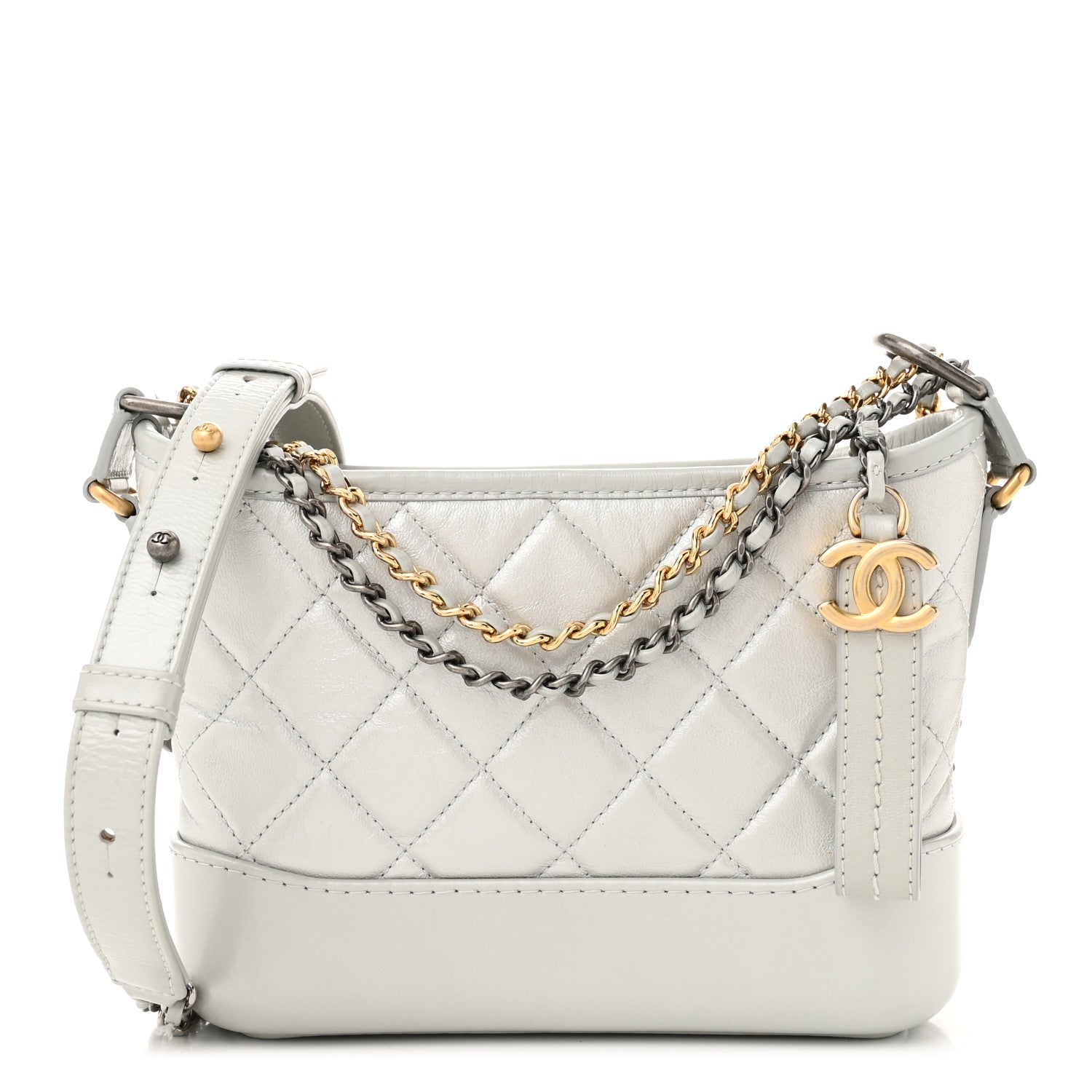 Metallic Aged Calfskin Quilted Small Gabrielle Hobo Light Silver