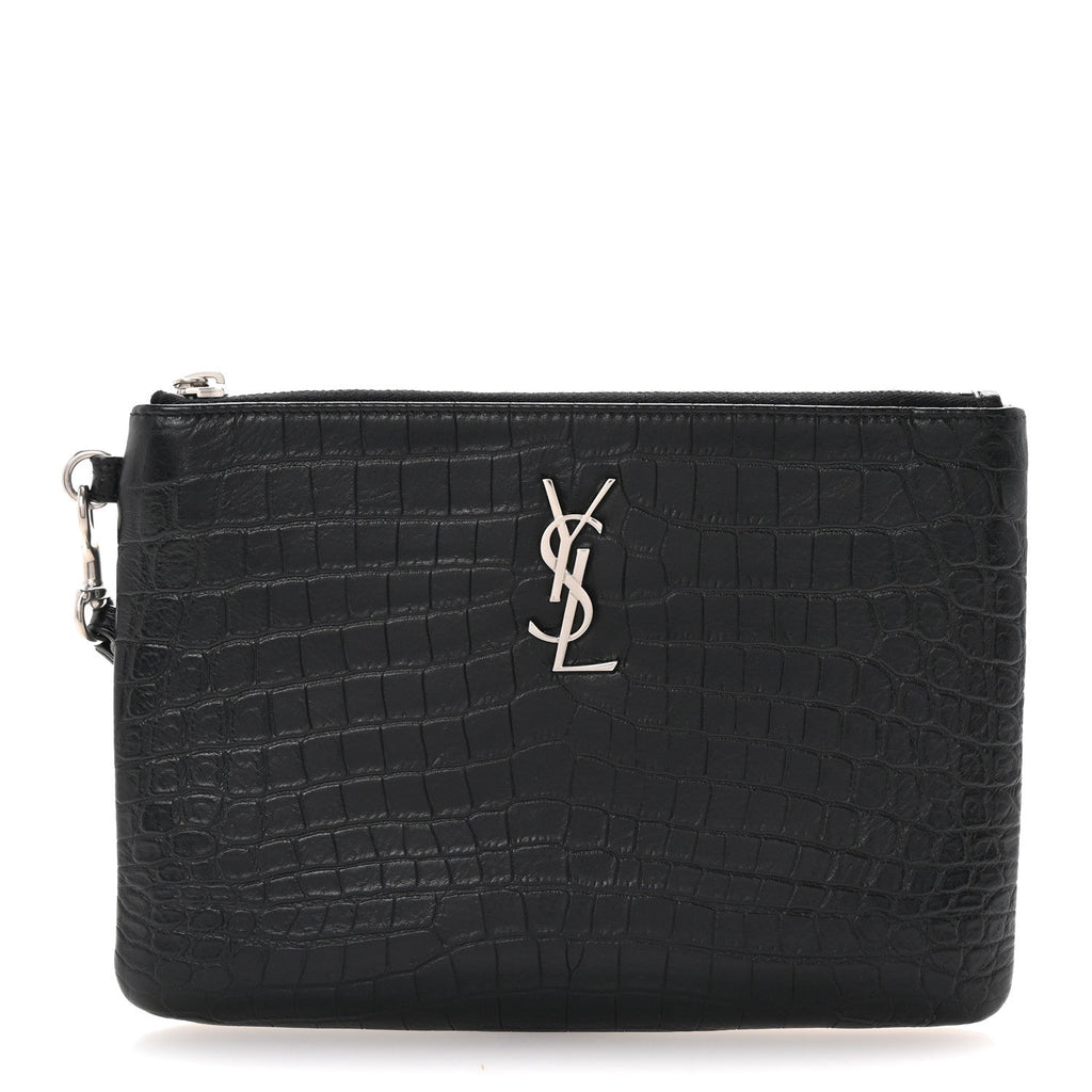 Calfskin Crocodile Embossed Monogram Zip Pouch Black