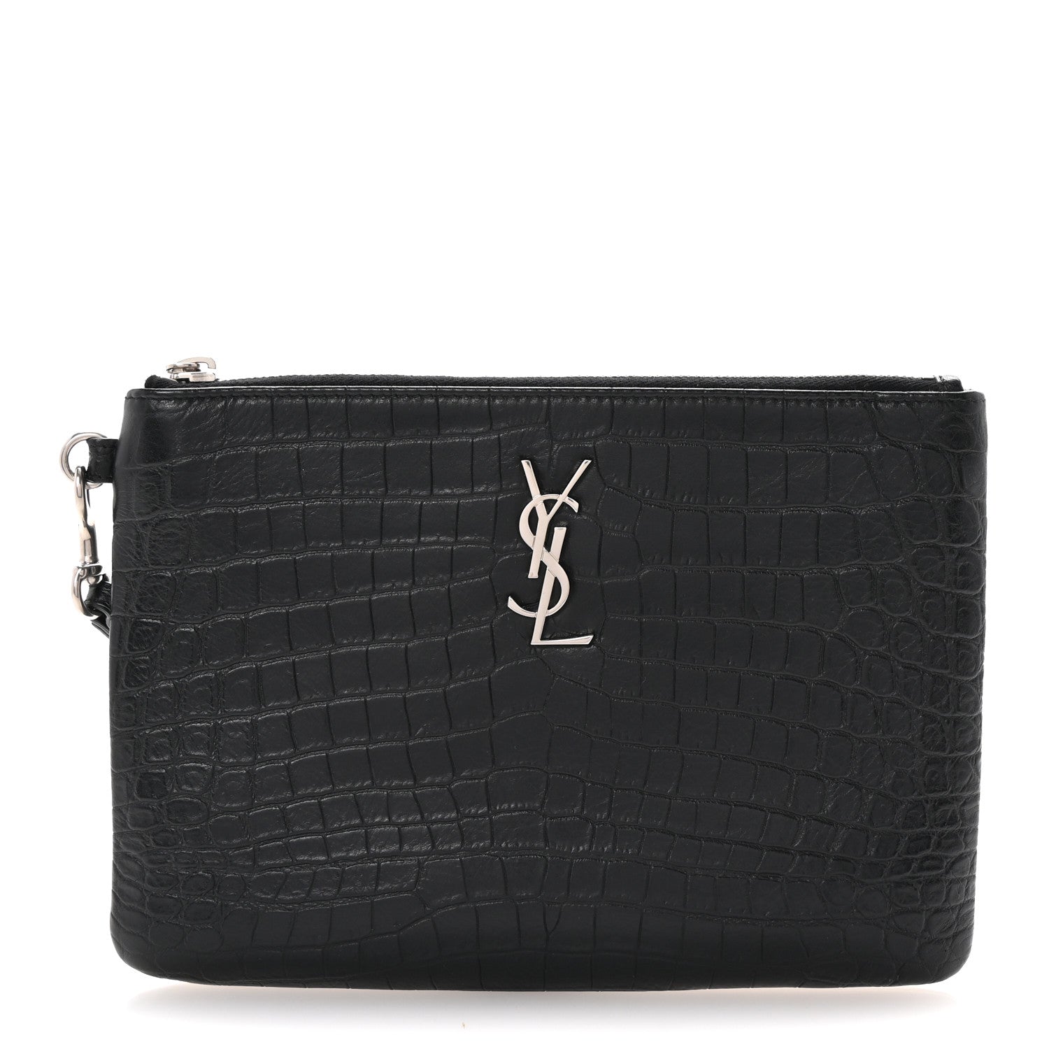 Calfskin Crocodile Embossed Monogram Zip Pouch Black