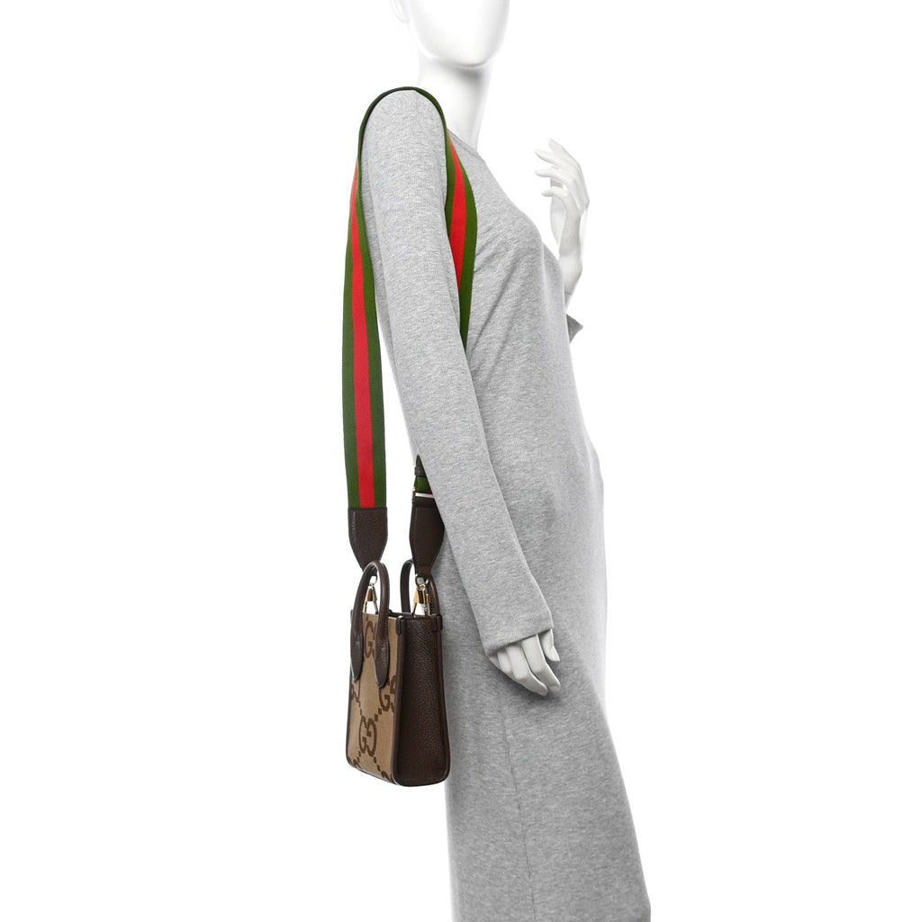 Monogram Jumbo GG Textured Dollar Calfskin Web Mini Vertical Tote Camel Ebony New Acero