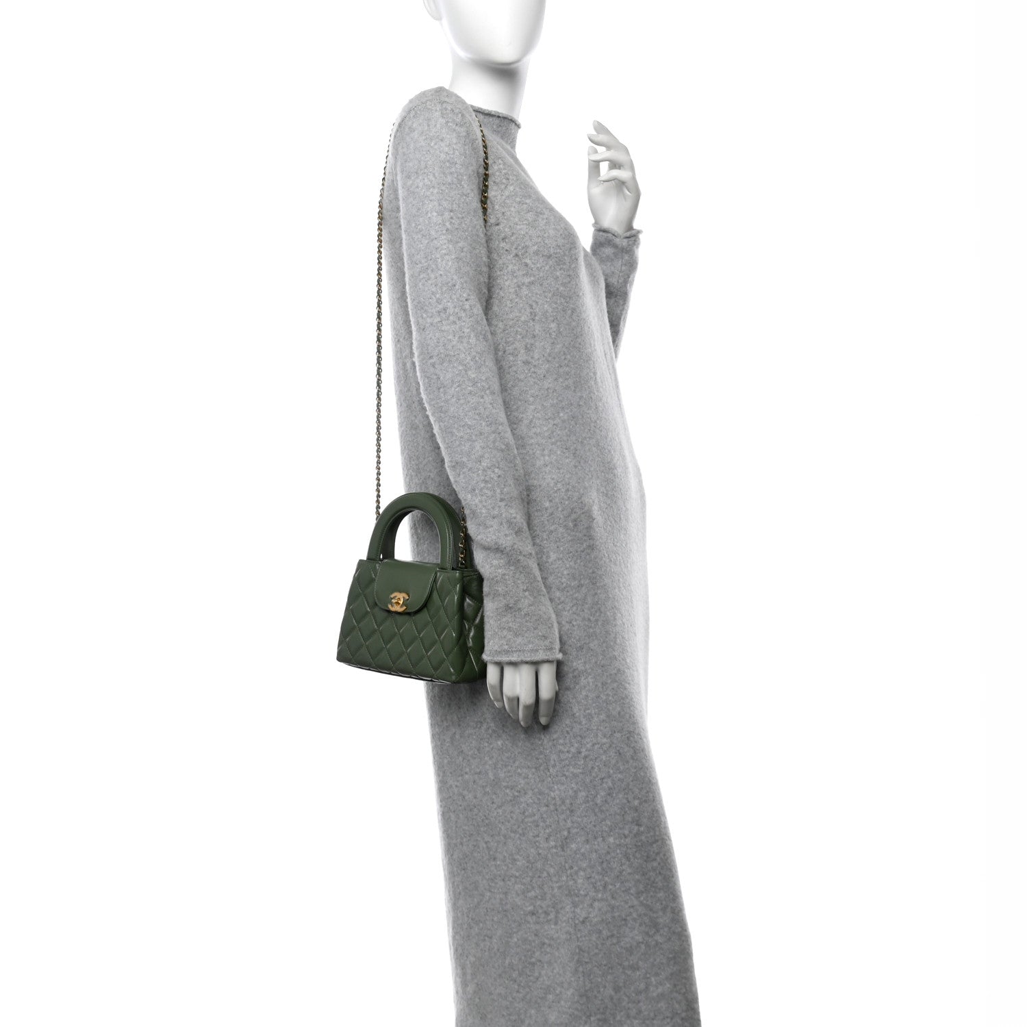 Shiny Aged Calfskin Quilted Nano Kelly Shopper Khaki