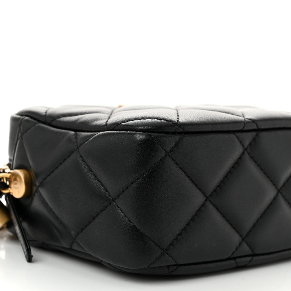 Lambskin Quilted Pearl Chain Camera Case Black