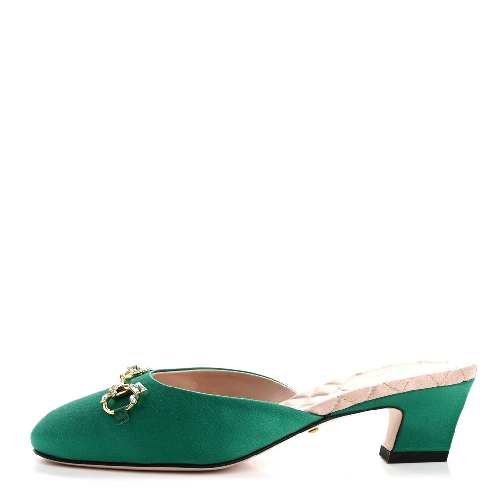 Silk Satin Crystal Embellished Horsebit Mules 36 Shamarock Emerald