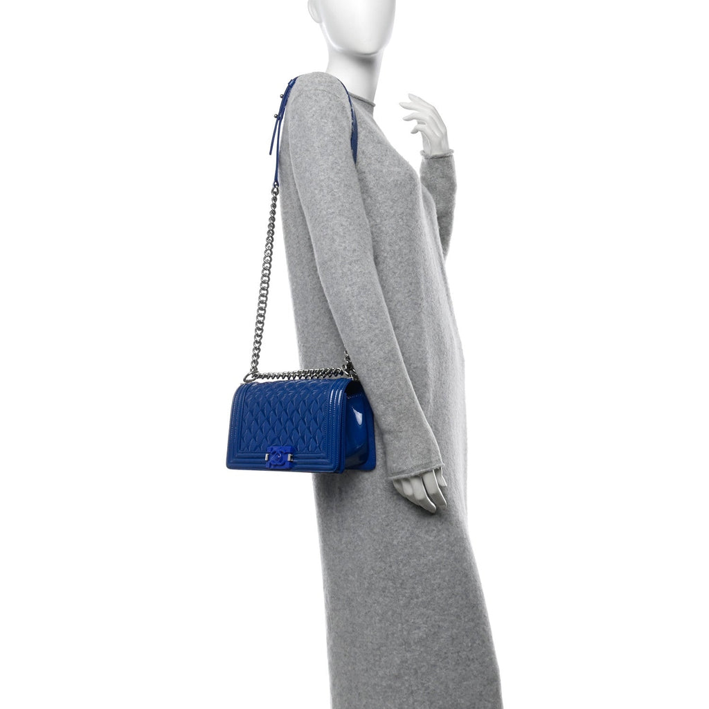 Patent Calfskin Quilted Medium Plexiglass Boy Flap Blue