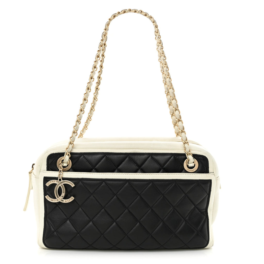 Lambskin Quilted Graphic Camera Case Black White