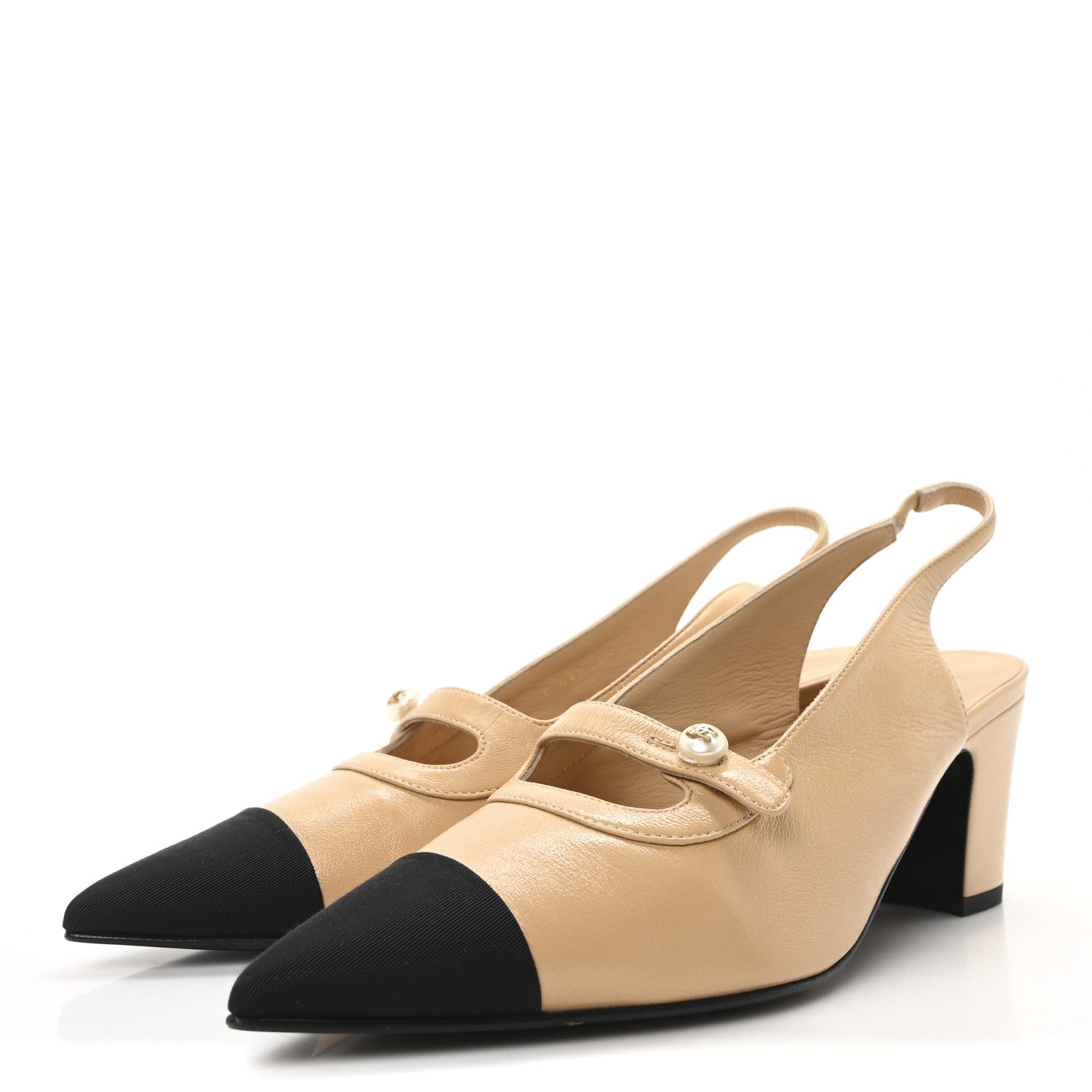 Shiny Lambskin Grosgrain Pointed Toe CC Slingback Pumps 40 Beige Black