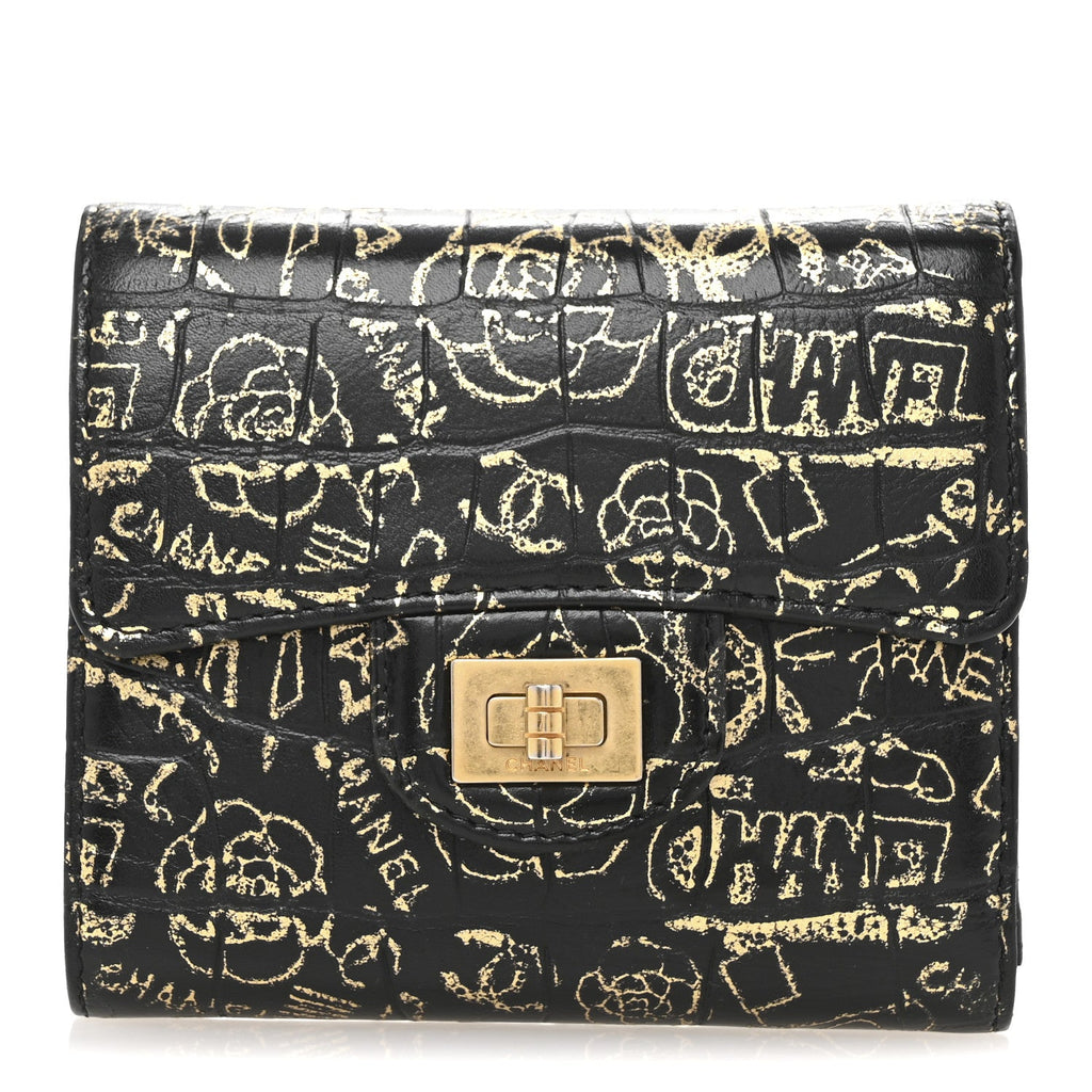Calfskin Crocodile Embossed Graffiti 2.55 Cocodile Reissue Compact Wallet Black Gold