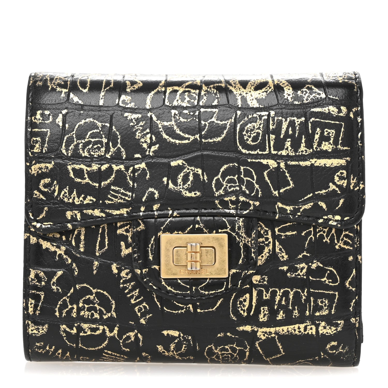 Calfskin Crocodile Embossed Graffiti 2.55 Cocodile Reissue Compact Wallet Black Gold