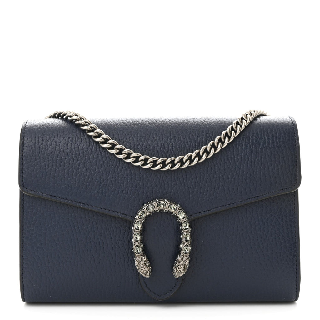 Dollar Calfskin Crystal Mini Dionysus Chain Wallet Blue Agata Black Diamond