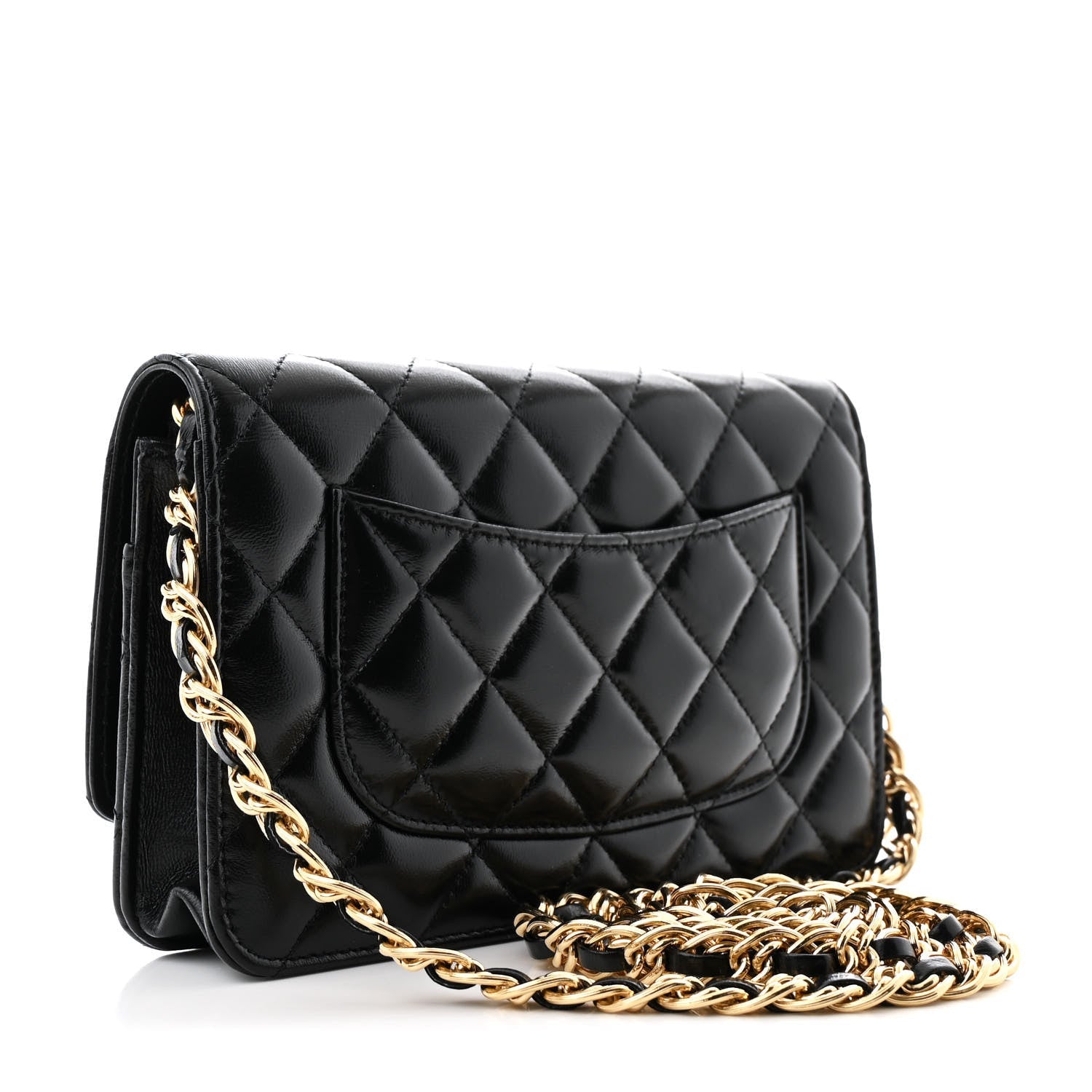 Shiny Lambskin Quilted Golden Links Wallet On Chain WOC Black