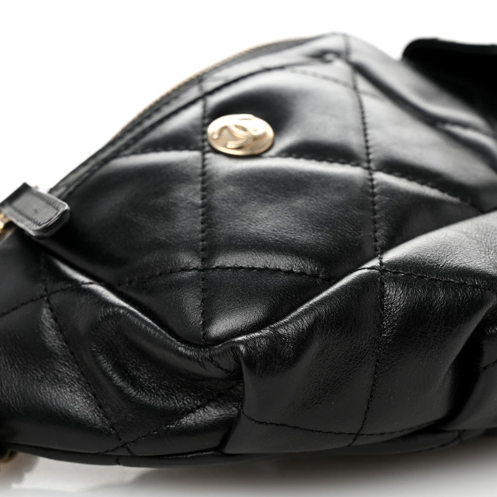 Shiny Aged Calfskin Quilted CC Pockets Jacket Waist Belt Bag Black