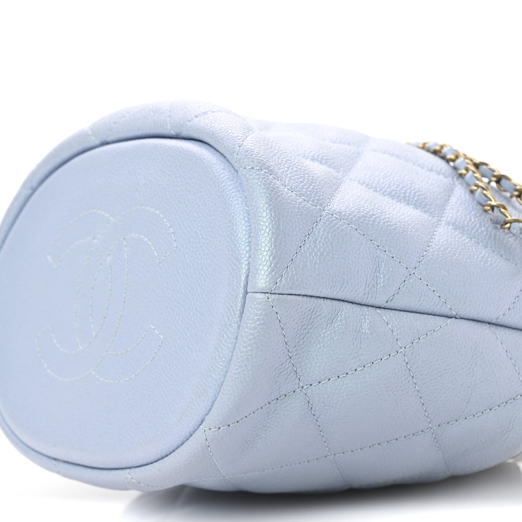 Iridescent Caviar Quilted My Perfect CC Bucket Drawstring Bag Light Blue