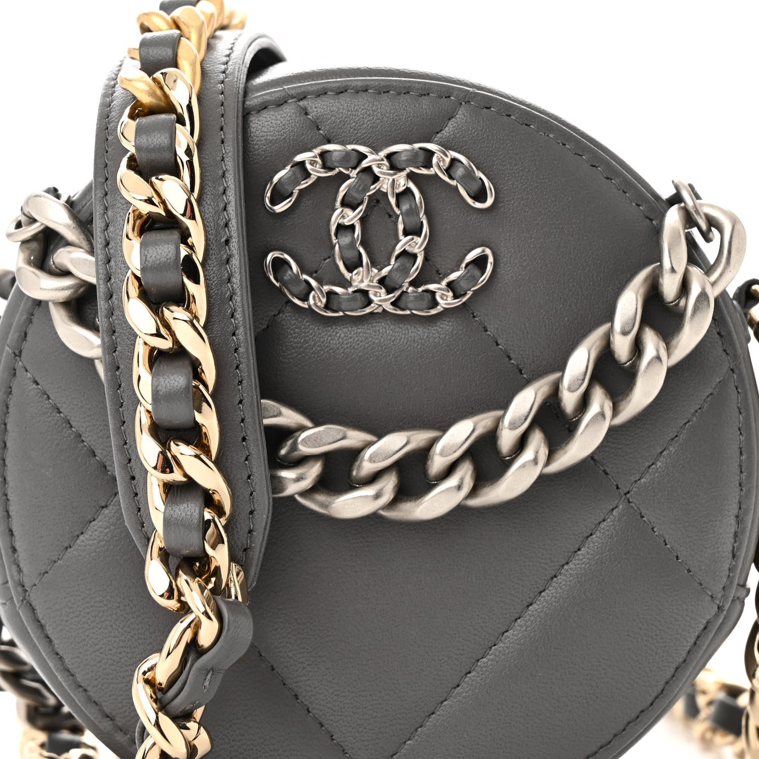Lambskin Quilted Chanel 19 Round Clutch With Chain Grey