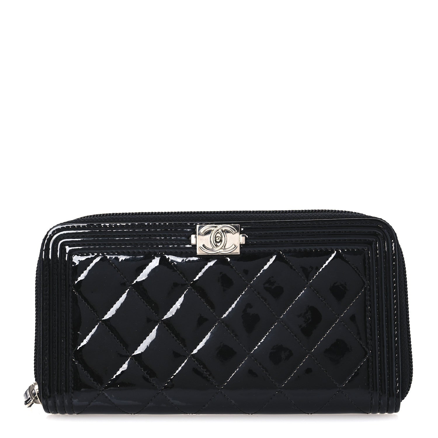 Patent Calfskin Quilted Boy L-Gusset Zip Wallet Black
