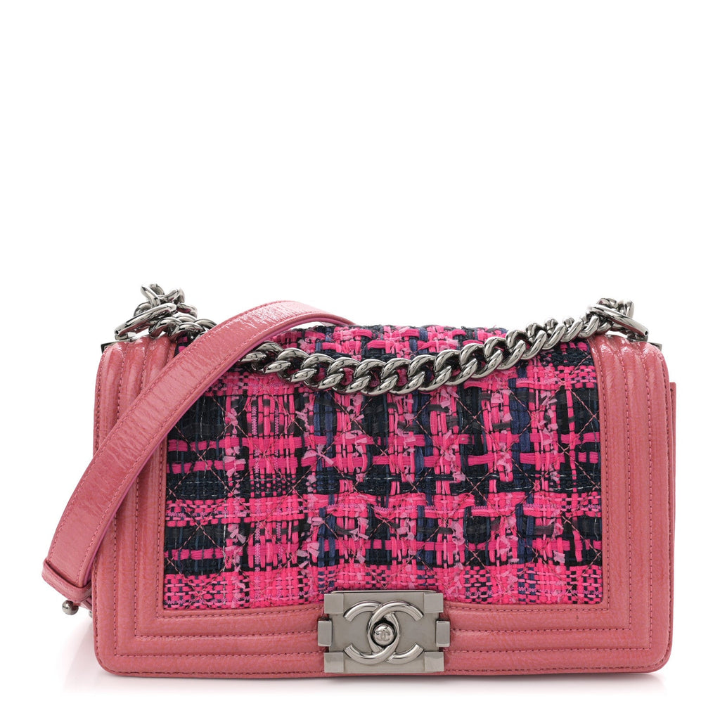 Patent Tweed Medium Boy Flap Fuchsia