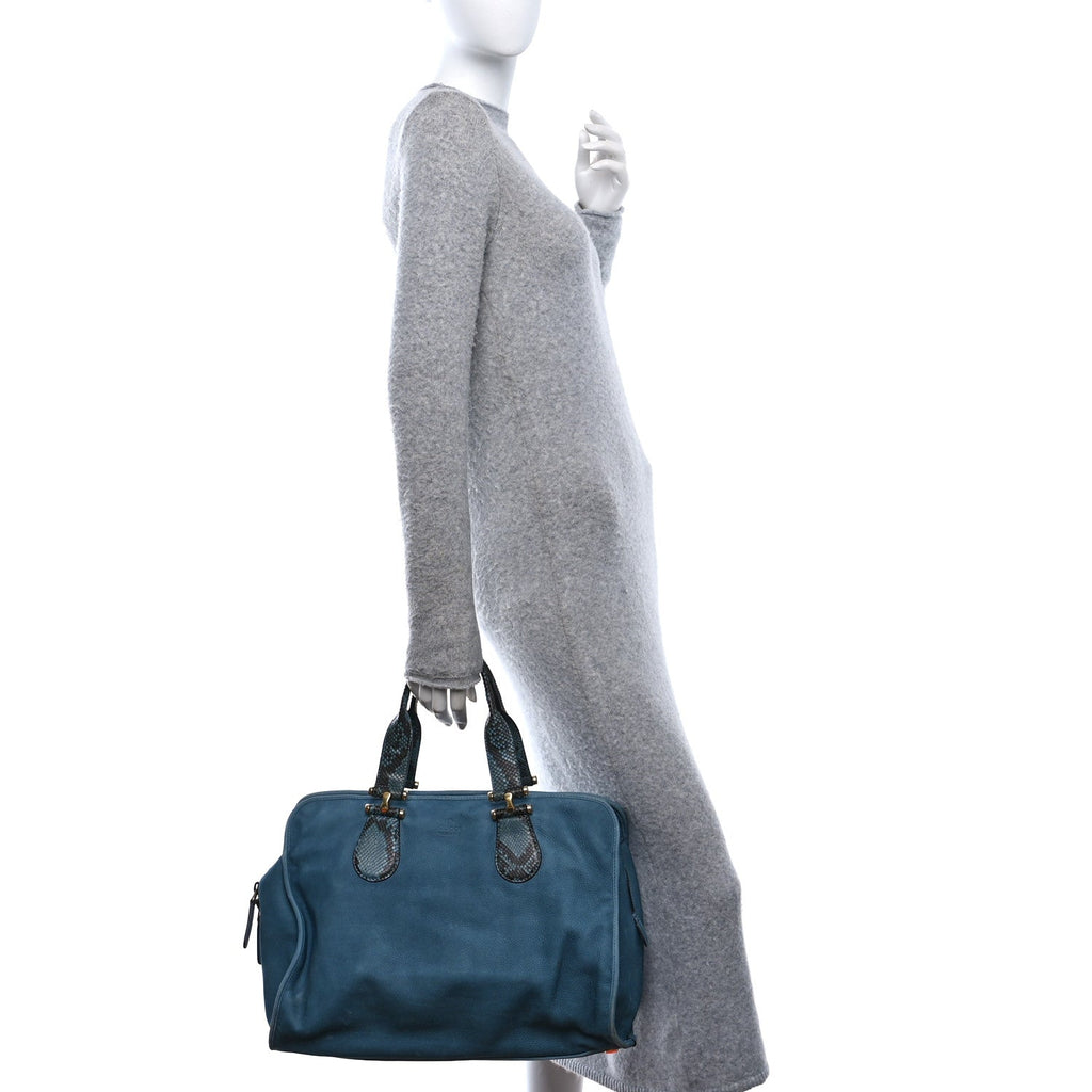 Nubuck Snakeskin Large Top Handle Bag Blue