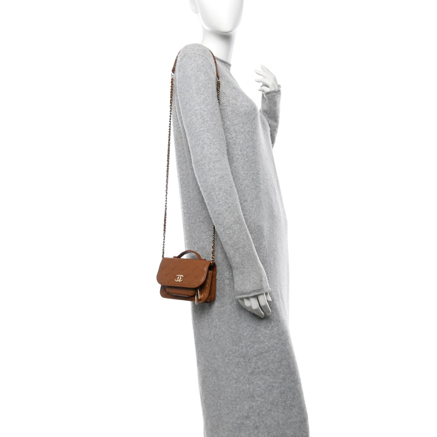 Caviar Quilted Business Affinity Clutch With Chain Flap Dark Beige