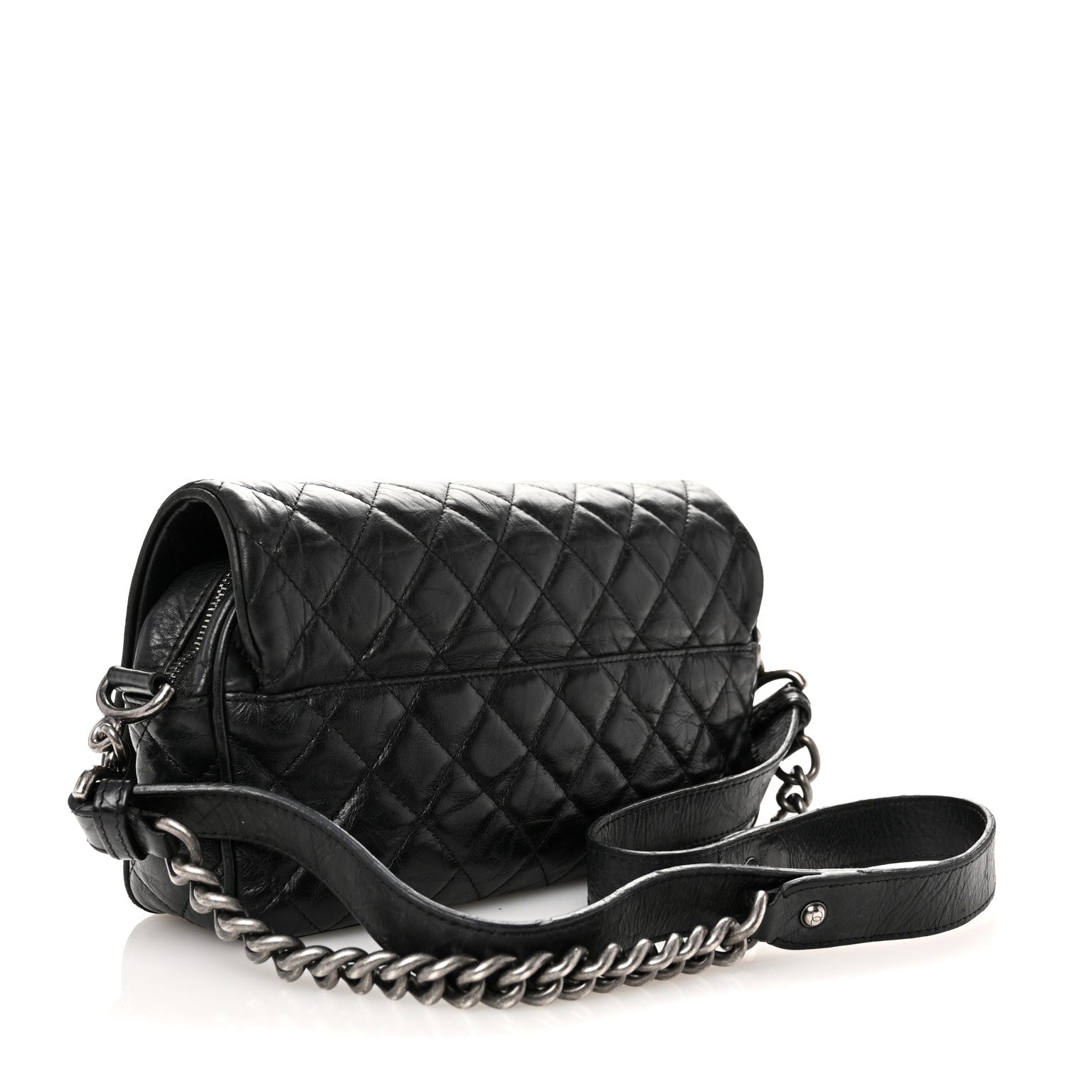 Crumpled Calfskin Quilted Medium Casual Rock Flap Black