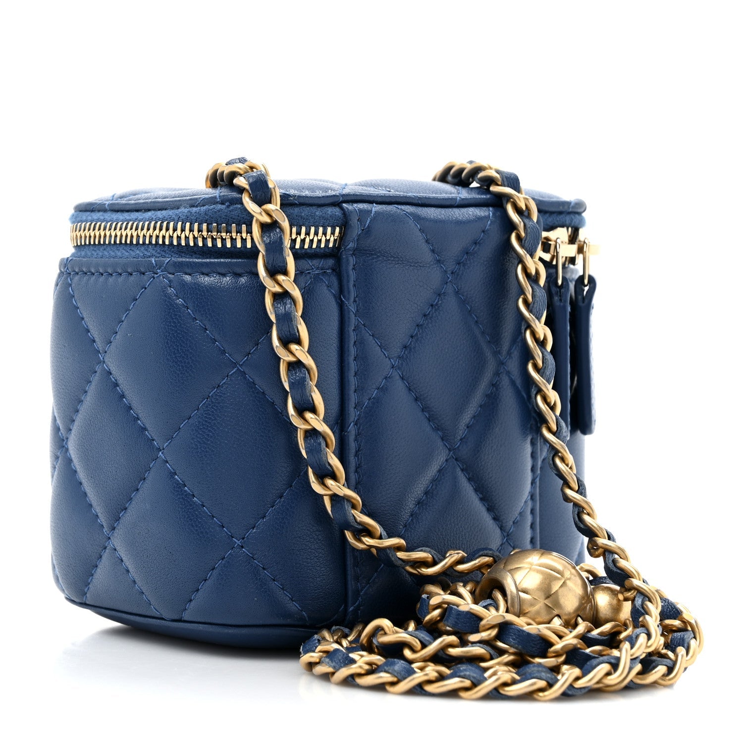 Lambskin Quilted Pearl Crush Mini Vanity Case With Chain Blue
