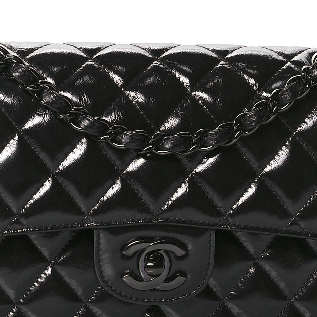 Shiny Crumpled Calfskin Quilted Small Double Flap So Black