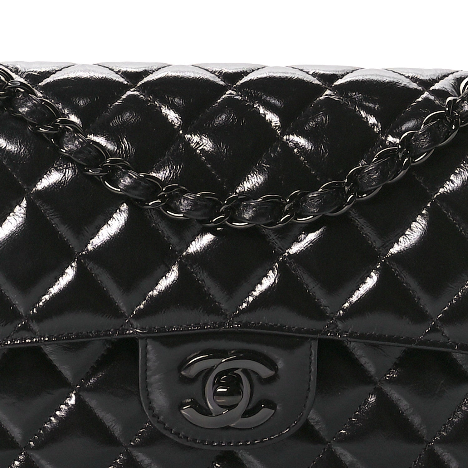 Shiny Crumpled Calfskin Quilted Small Double Flap So Black