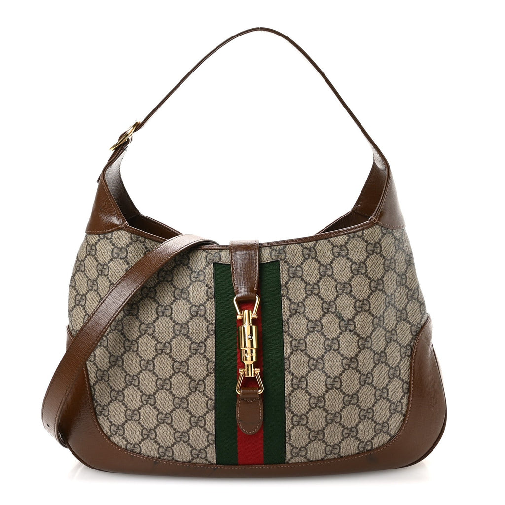 GG Supreme Monogram Azalea Calfskin Web Medium Jackie 1961 Hobo Beige Ebony Brown Sugar