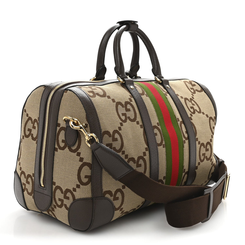 Monogram Jumbo GG Textured Dollar Calfskin Web Medium Duffle Bag Camel Ebony