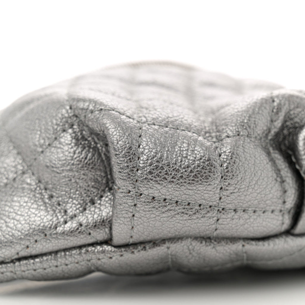 Metallic Calfskin Quilted Banane Waist Bag Fanny Pack Dark Silver