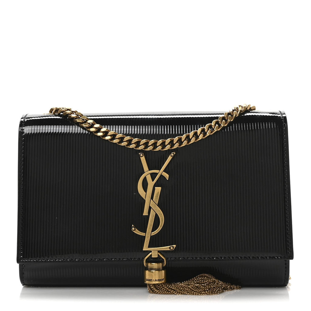 Patent Linear Embossed Small Classic Monogram Kate Tassel Satchel Black