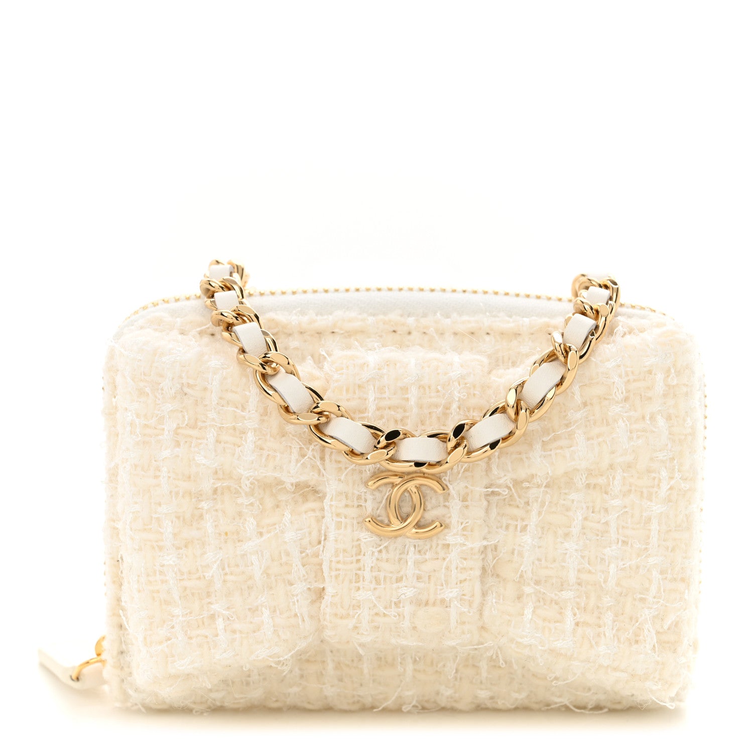 Tweed Quilted Bow Flap  Holder On Chain White
