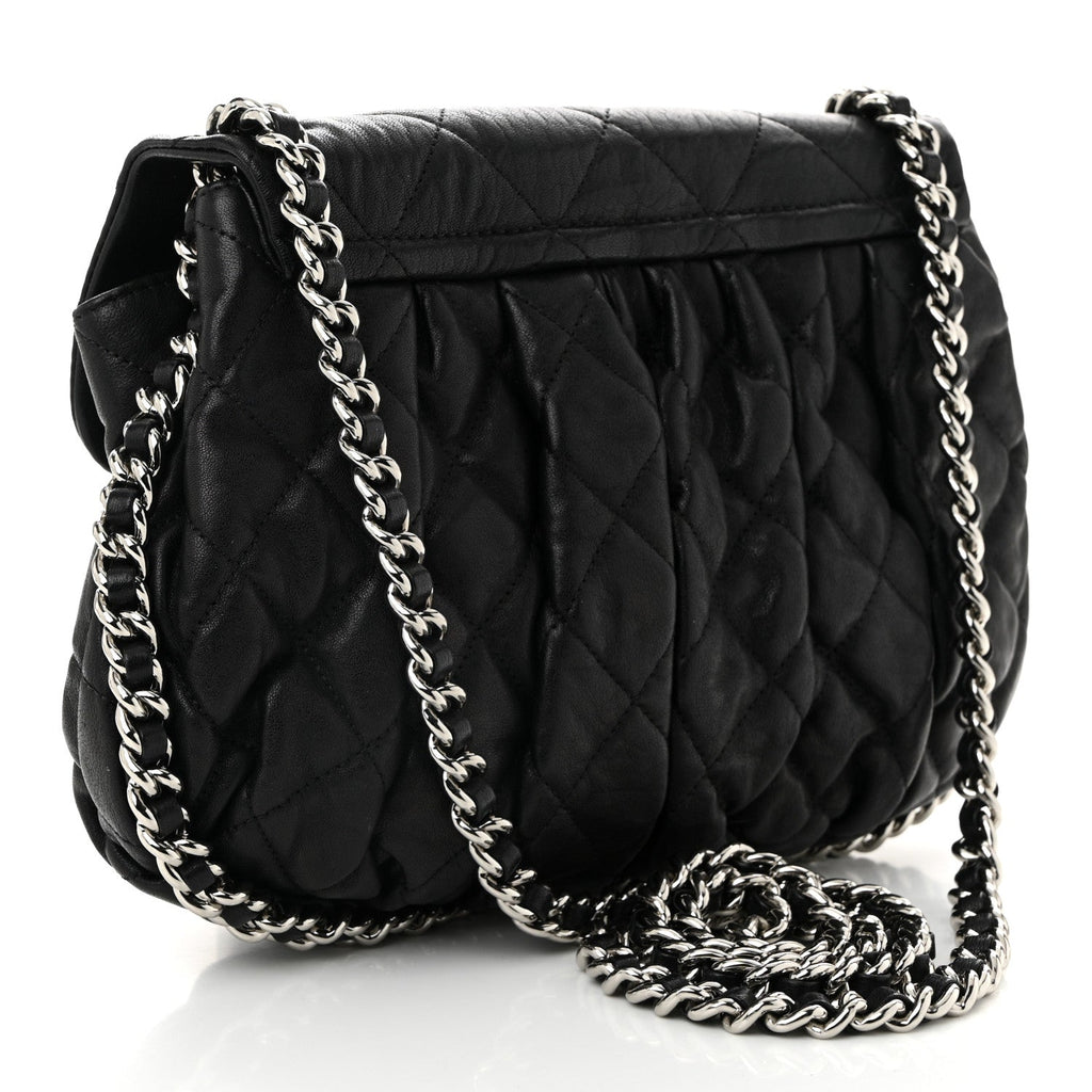 Washed Lambskin Quilted Medium Chain Around Messenger Black