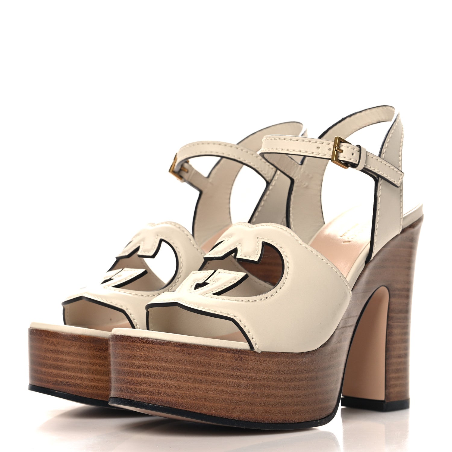 Cosmos Softy Calfskin Wooden Interlocking G Cut-Out 30/120mm Platform Sandals 35 Mystic White