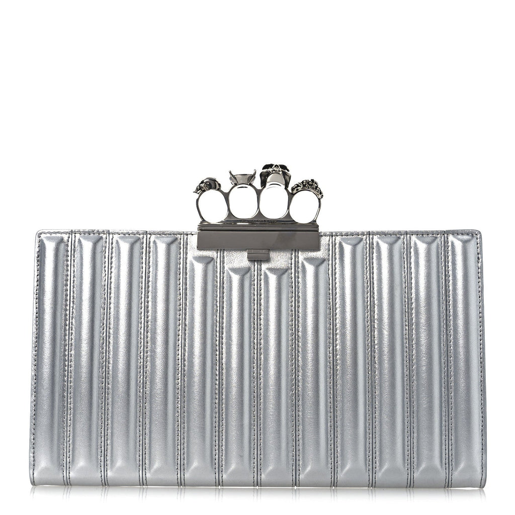 Metallic Calfskin Quilted Four Ring Knuckle Flat Clutch Silver
