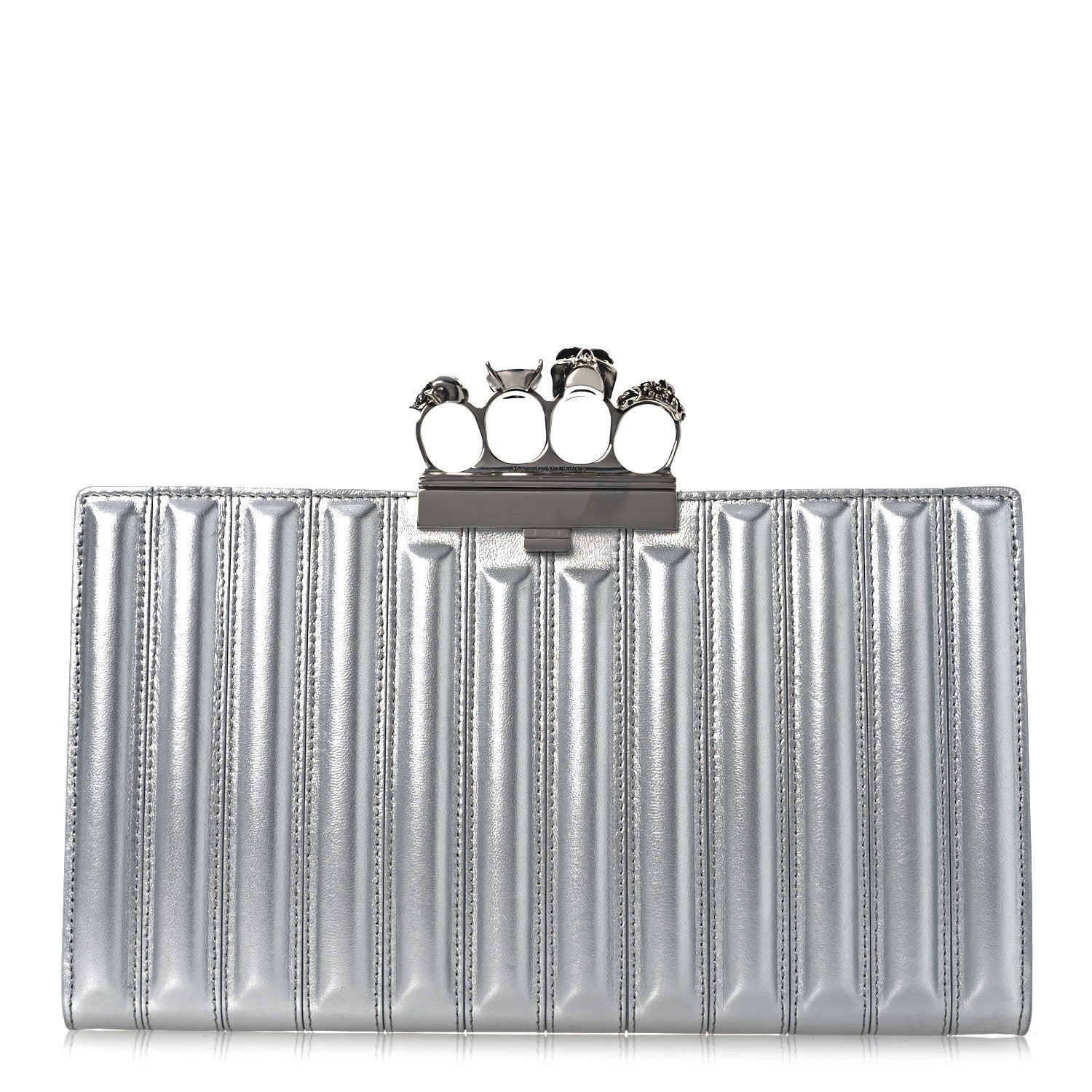 Metallic Calfskin Quilted Four Ring Knuckle Flat Clutch Silver