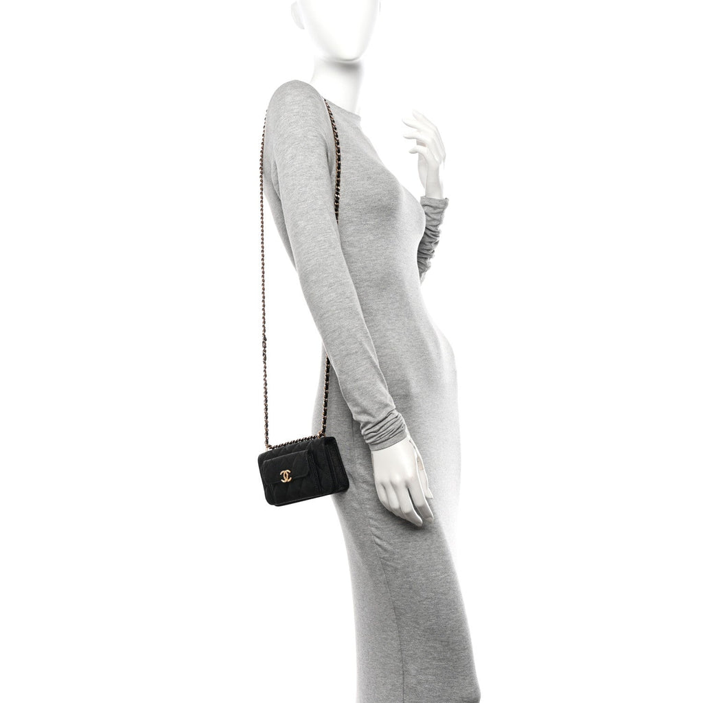 Caviar Quilted Pocket Twins Clutch With Chain Black