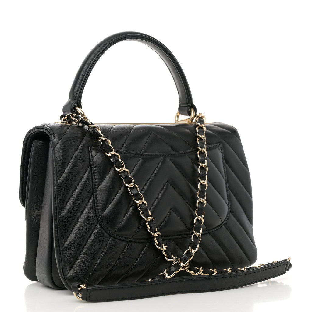 Lambskin Chevron Quilted Small Trendy CC Dual Handle Flap Bag Black