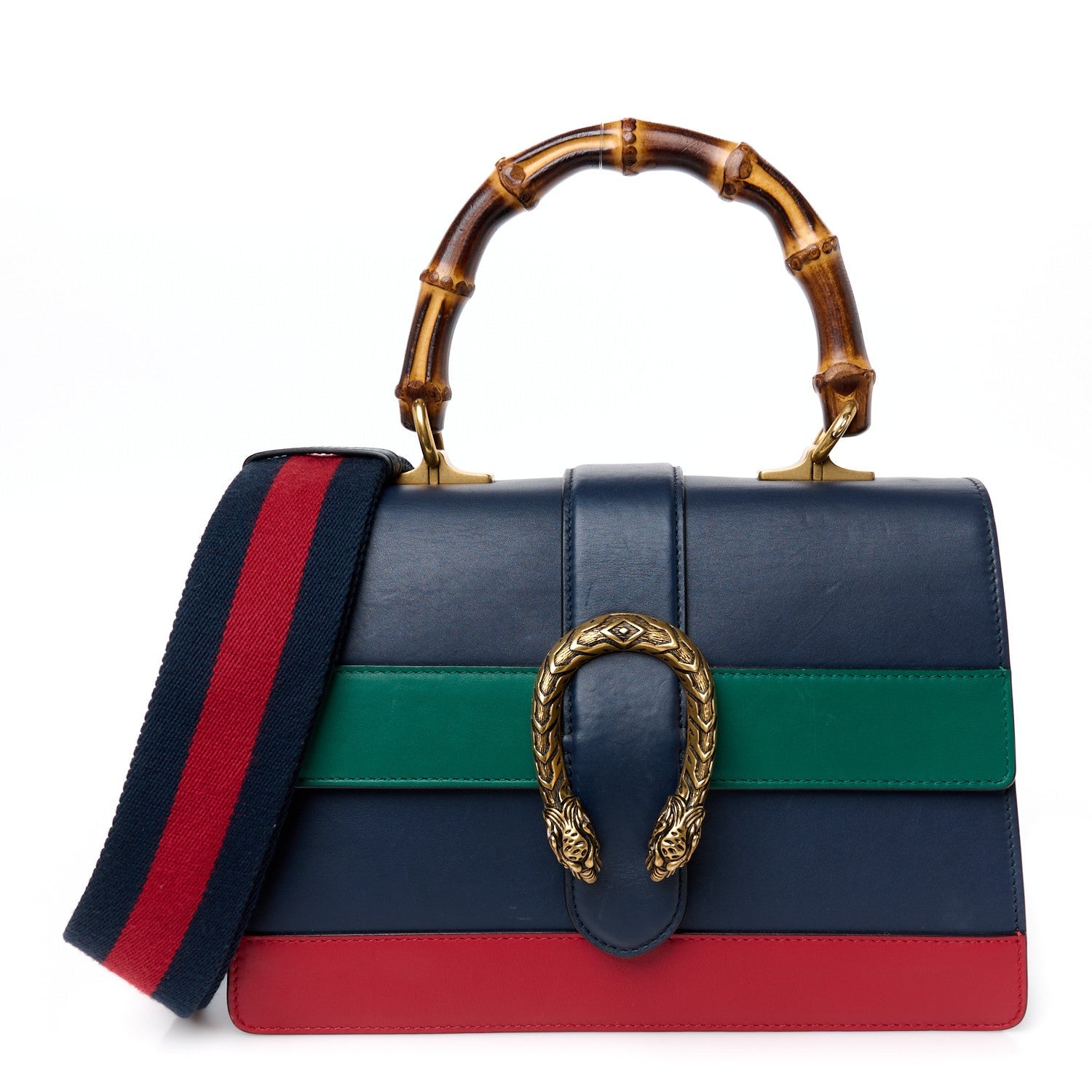 Moon Calfskin Bamboo Web Medium Dionysus Top Handle Bag Blue Emerald Hibiscus Red
