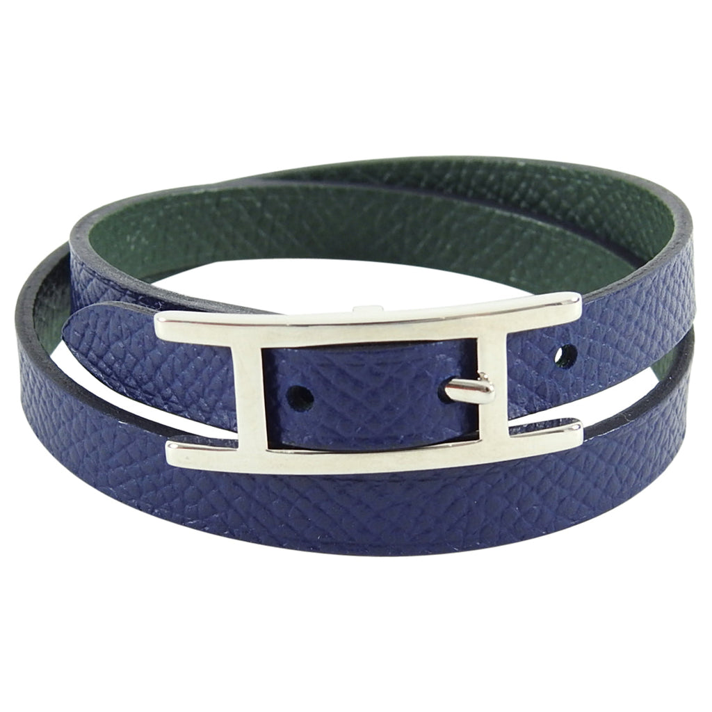Hermes Navy Leather Behapi Double Tour Bracelet in Box
