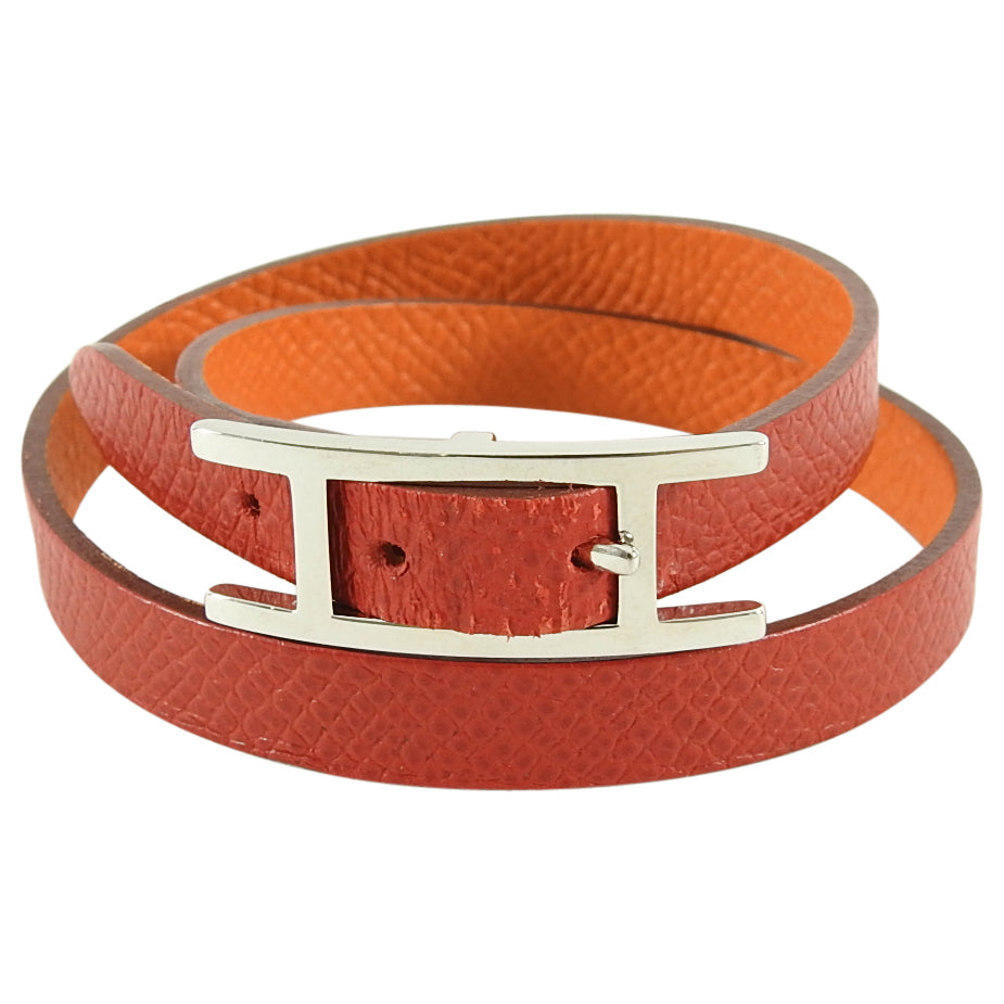 Hermes Red and Orange Leather Behapi Double Tour Bracelet in Box