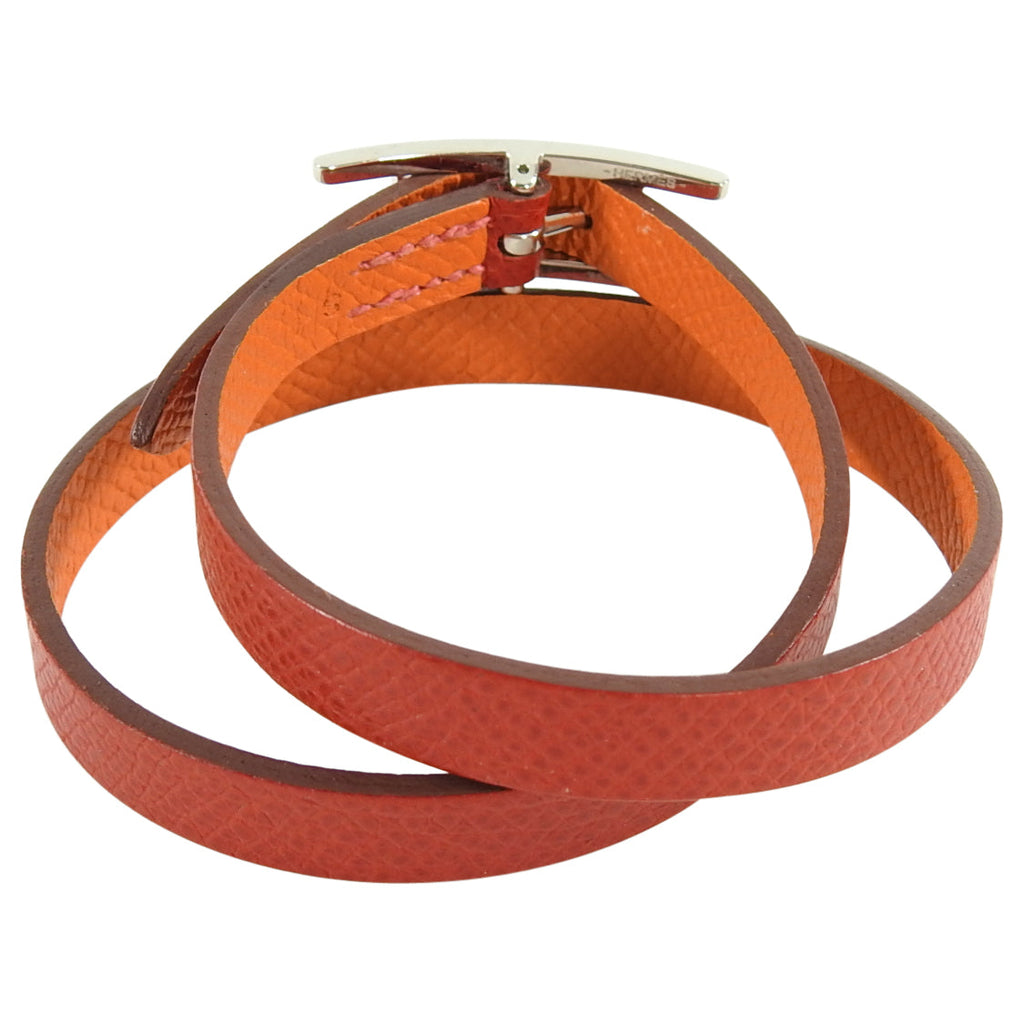 Hermes Red and Orange Leather Behapi Double Tour Bracelet in Box